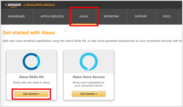 Klicka på Kom igång under Alexa Skills Kit.