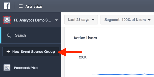 Skapa evenemangskällgrupper från din Facebook Analytics-instrumentpanel.
