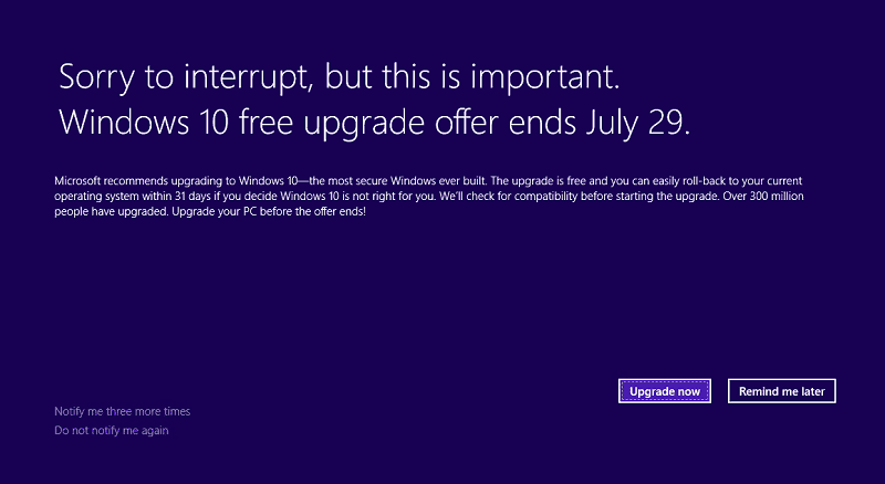 Microsoft publicerar anmälan om slutuppgradering av gratis uppgradering för Windows 10