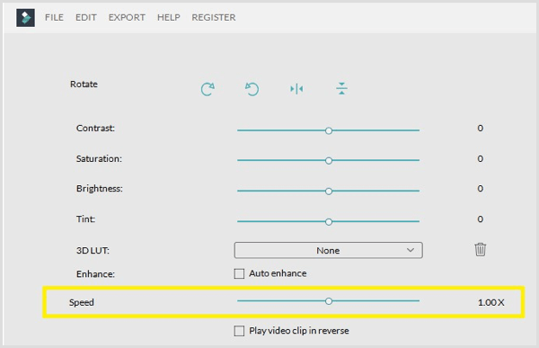 Filmora justerar klippets hastighet