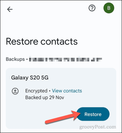 Återställ en säkerhetskopia av kontakter i appen Google Kontakter