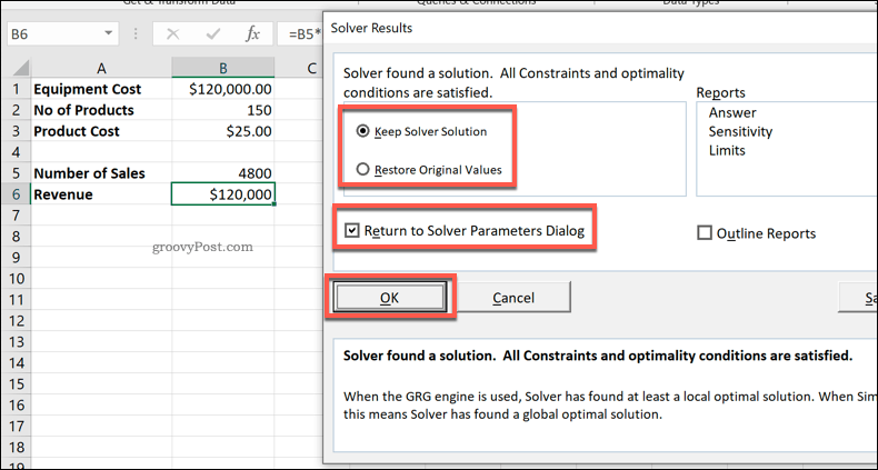 Excel Solver Results-fönster