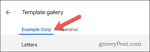 Välj Google Workspace Corporation i Google Dokuments mallgalleri