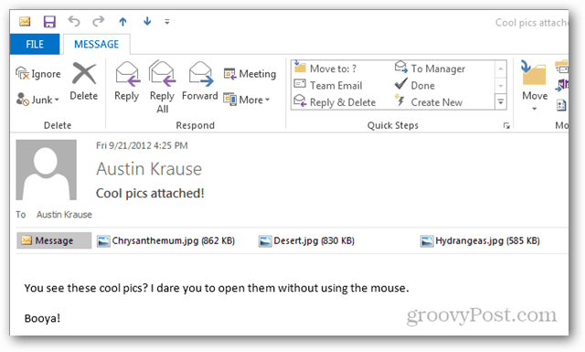 Hur man öppnar bilagor i Outlook 2013 utan mus