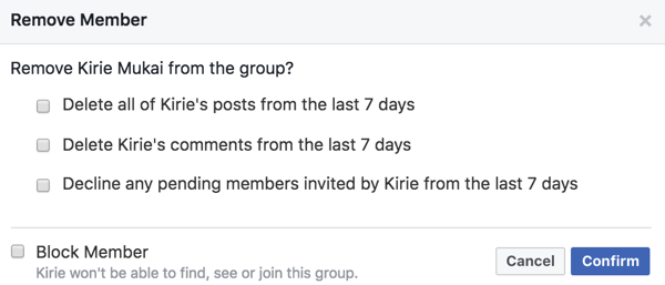 Du kan radera medlemmars inlägg, kommentarer och inbjudningar när du tar bort dem från din Facebook-grupp.