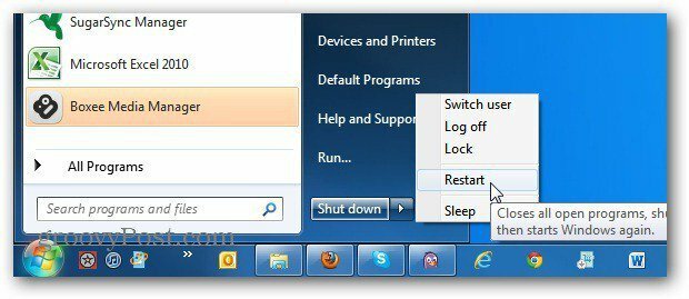 Ändra Start-menyn Power Start-knapp för Windows 7 för att alltid starta om