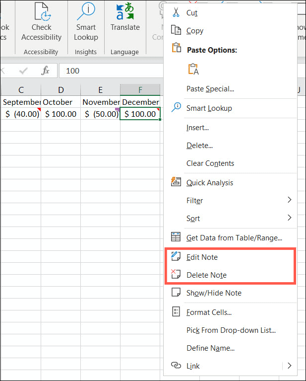Redigera eller ta bort anteckningar i Excel