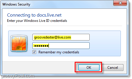 ange ditt Windows Live-konto användarnamn och lösenord i Microsoft Office 2010