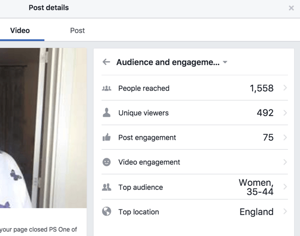 Facebook visar separat engagemangsstatistik för inlägget och videon.