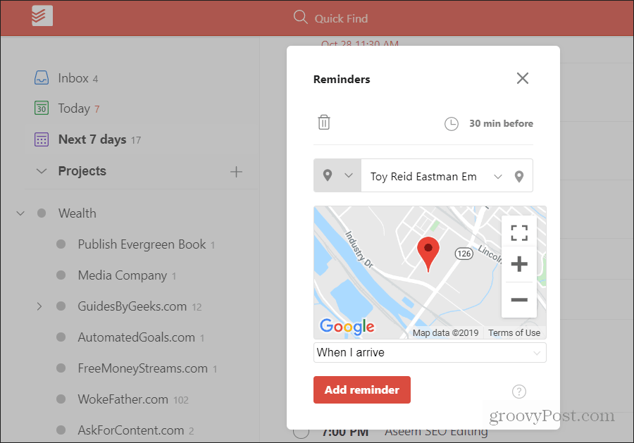 lägga till en platsbaserad påminnelse i todoist