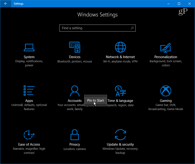 Windows 10 Inställningskategorier