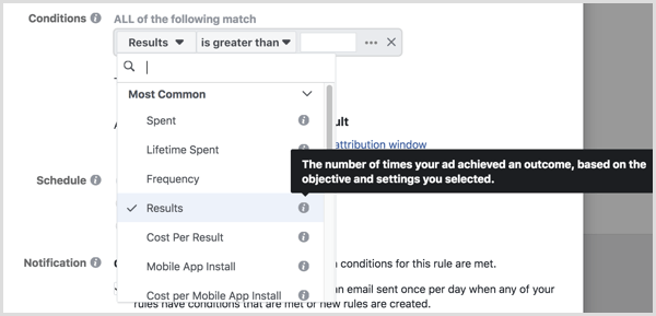verktygstips när du ställer in villkor för Facebooks automatiska regel