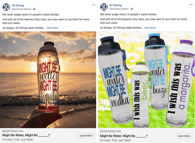 två Facebook-annonser med olika bilder för att testa med Facebook-experiment