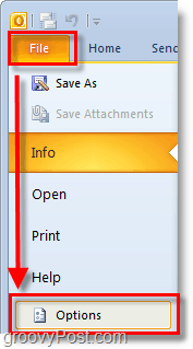 i Outlook 2010 använder du filbandet för att öppna alternativ