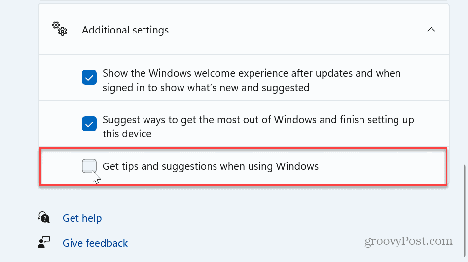 Inaktivera Windows 11 Tips och förslagsmeddelanden