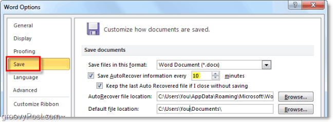 Använda AutoRecover-funktionen i Office 2010