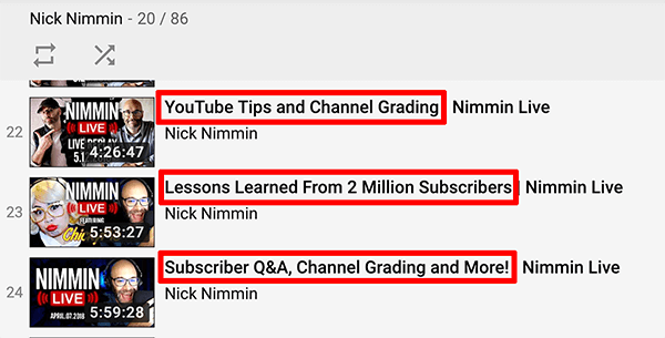 Detta är en skärmdump av YouTube-videotitlar från Nick Nimmin-kanalen.