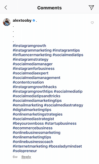 exempel på en instagraminläggskommentar av @alextooby bestående av 30 relevanta hashtags