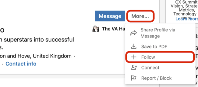 Mer rullgardinsmeny med alternativet Följ valt på LinkedIn-profilen