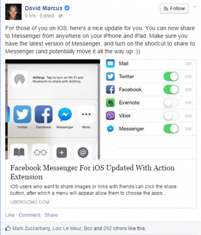 "Facebook Messenger-användare med iPhones eller iPads kan nu dela foton eller länkar direkt till applikationen efter en uppdatering av iOS-appen."