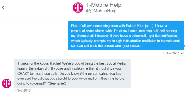 En kundtjänstrepresentant från T-Mobile kunde interagera med mig en-till-en och nollställa mitt problem.