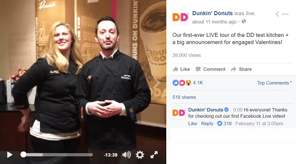 Dunkin Donuts använder Facebook Live-video för att ta fans bakom kulisserna.
