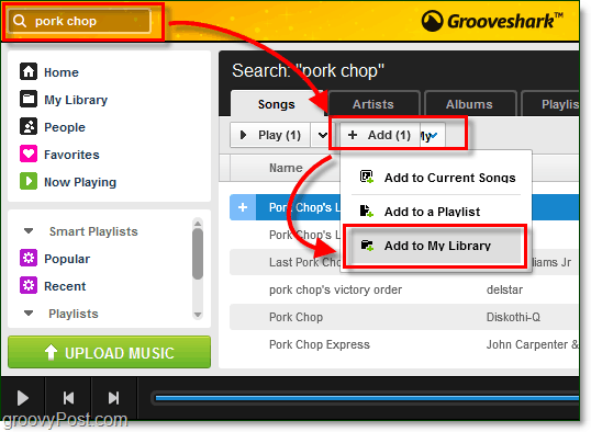 lägg till sökta låtar i ditt Grooveshark musikbibliotek