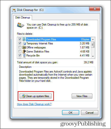 Windows 7 uppdatera radera gamla filer diskrensning knapp