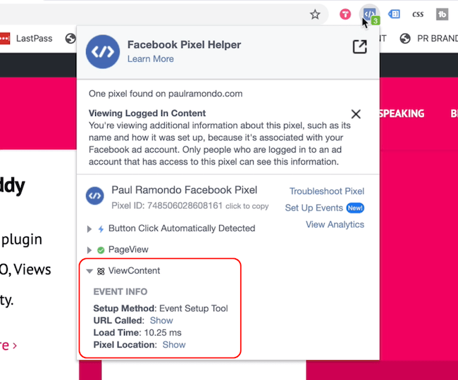 Facebook Pixel Helper som visar sidvisningar och innehållshändelser