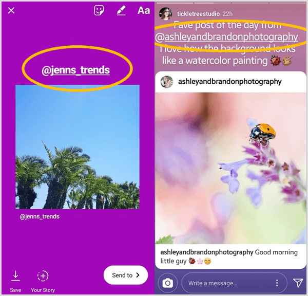 Lägg till en textruta som visar den ursprungliga användaren och tagga dem i ett nytt delat Instagram-inlägg.