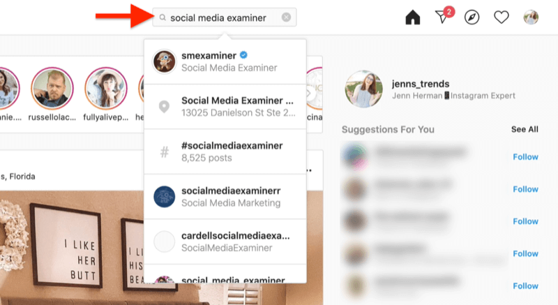 skärmdump på skrivbordet som visar en sökning efter ett instagramkonto med söktermer från granskaren för sociala medier