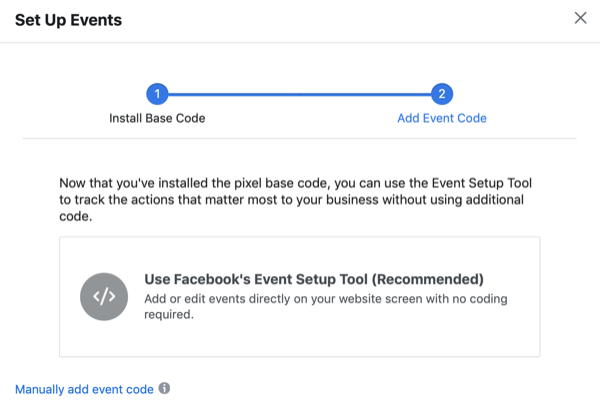 Dialogrutan Konfigurera händelser med alternativ för Använd Facebooks verktyg för inställning av händelser