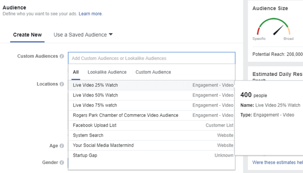 När du väljer en publik för din Facebook-annons, var noga med att välja den anpassade målgruppen för personer som tittade på dina livevideor.