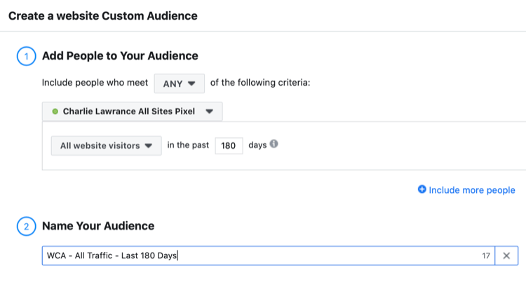 ställa in Facebook-webbplats anpassad publik för alla webbplatsbesökare under de senaste 180 dagarna
