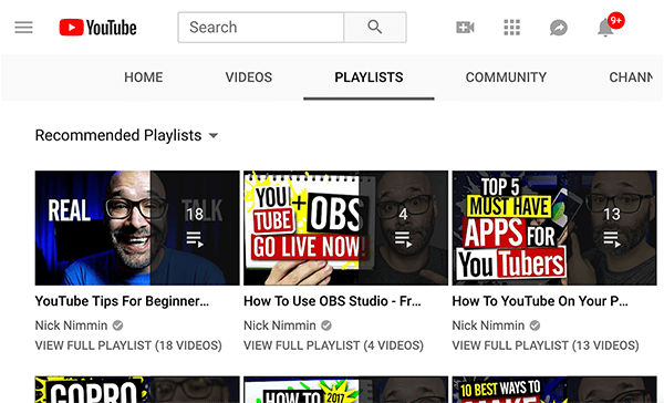 Detta är en skärmdump av spellistor på Nick Nimmins YouTube-kanal. De spellistor som visas heter, från vänster till höger, YouTube-tips för nybörjare, hur man använder OBS Studio och hur man YouTube på din... .”