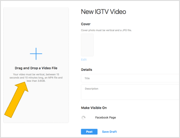 Dra och släpp en fil för att ladda upp en IGTV-video på skrivbordet.