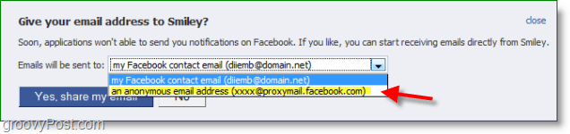 Skärmdump av e-postadress på Facebook - proxy är inte inställningen för edefault