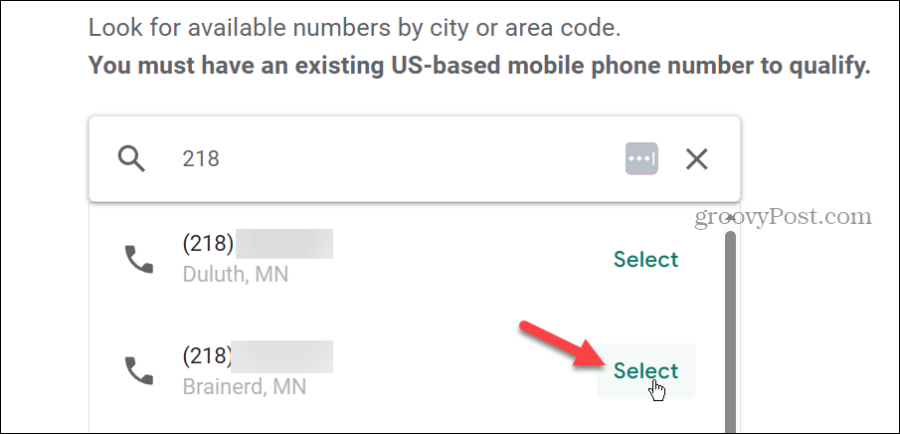 välj Google Voice-nummer