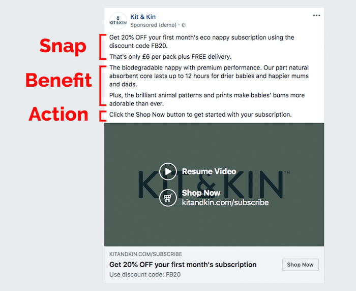 Facebook-annonspost av kit & kin som identifierar de delar av kopian som faller i varje snap (specifik rabattkod och gratis leverans), nytta (biologiskt nedbrytbara blöjor i söta mönster) och action (ett direktiv för att klicka på knappen shoppa nu för att få satte igång)
