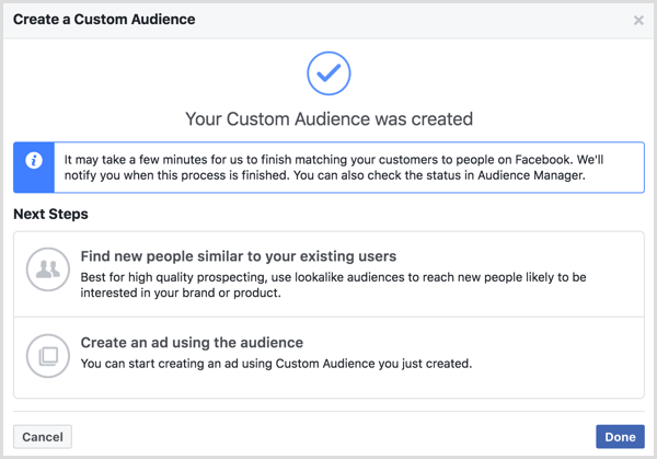 Meddelandet Din anpassade målgrupp skapades som visas efter att du skapat en Facebook-anpassad publik