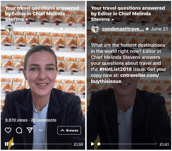 Exempel på Conde Nast Traveler IGTV-video av chefredaktör Melinda Stevens. 