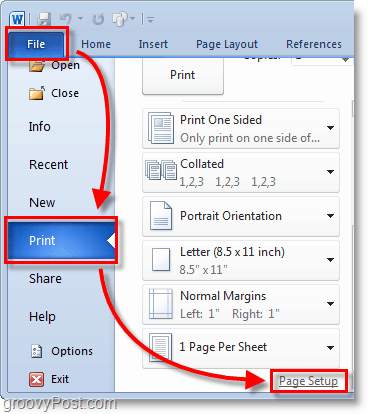 Micosoft Word 2010-skärmbild väljer filen> utskriftsmenyn från bakgrunden och klickar sedan på sidinställningen i Word 2010