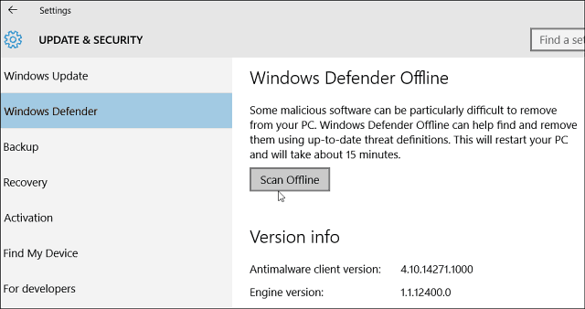 Windows 10 Defender tillåter offline skanning efter skadlig programvara