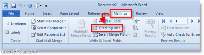 Skärmdump av Outlook 2010 - klicka på hälsningsraden under utskick