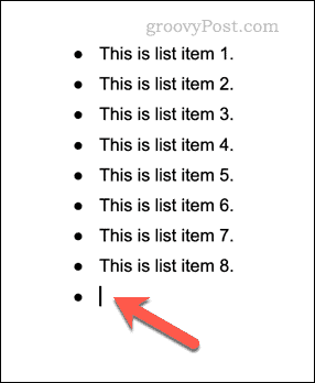 Exempel på en punktlista i Google Dokument