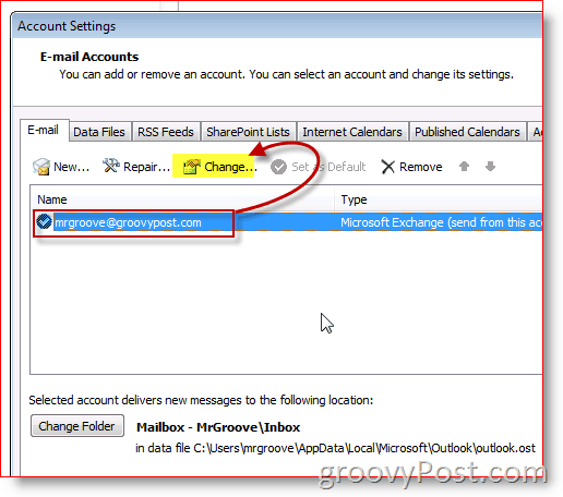 Skärmbild för Outlook 2010 ändrar e-postinställningar