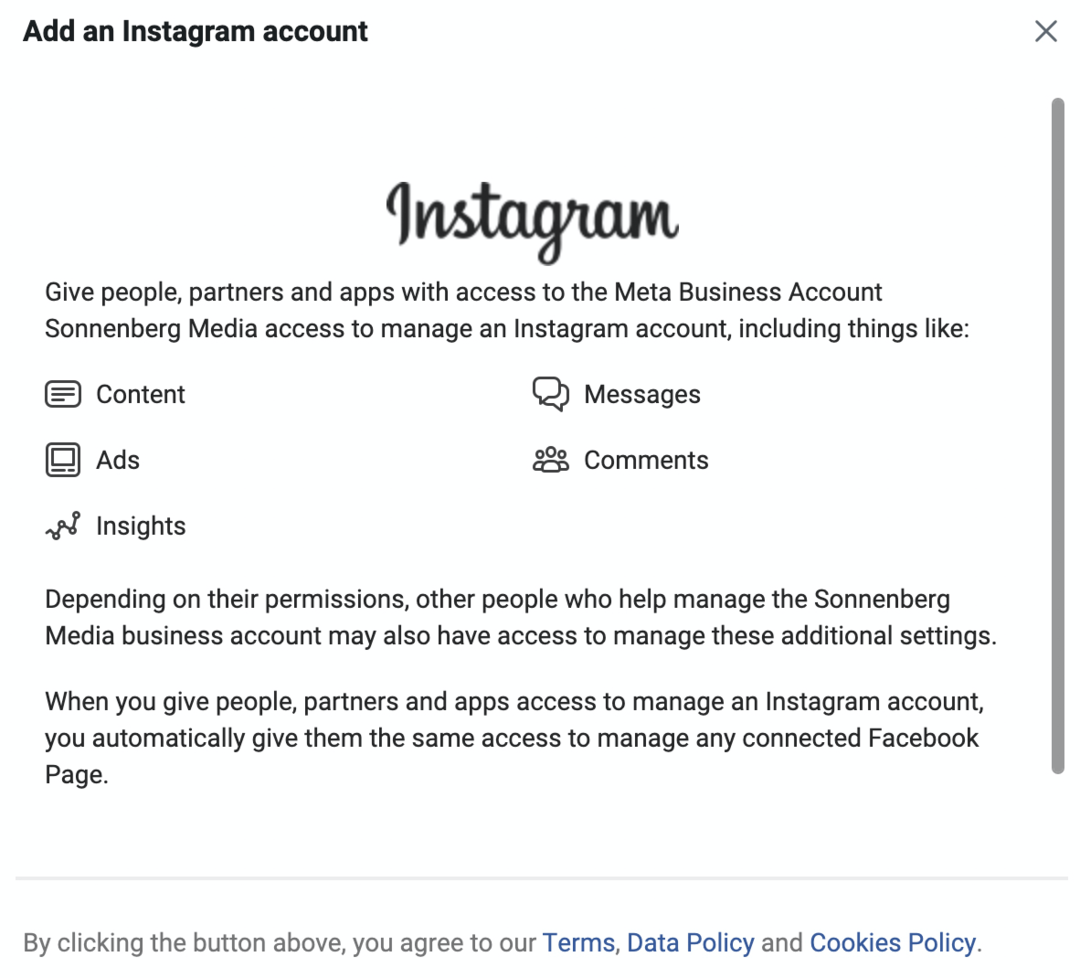 bild på skärmen Lägg till ett Instagram-konto i Meta Business Manager