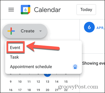 Google Kalender skapa händelsealternativ skärmdump
