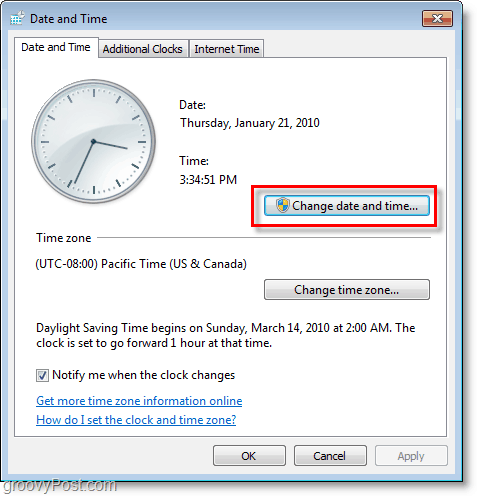 Windows 7-skärmdump - ändra datum och tid
