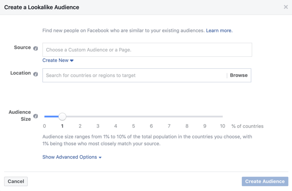 Ställer in om du använder en liknande publik för en Facebook-leadannonskampanj.